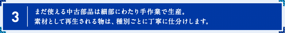 海外輸出用の車は、細部にわたり手作業で解体。素材として再生される物など、丁寧にし分けします。