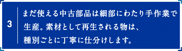 海外輸出用の車は、細部にわたり手作業で解体。素材として再生される物など、丁寧にし分けします。