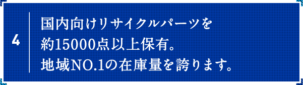 国内向けリサイクルパーツを約15000点以上保有。地域NO.1の在庫量を誇ります。